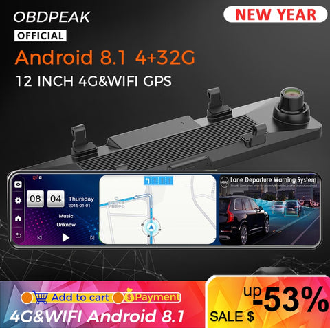 Android 8.1 4G+32G 4G 12 Inch Car Rearview Mirror Stream Media GPS Navi Dash Cam Dual 1080P Camera Car Dvr ADAS Super Night